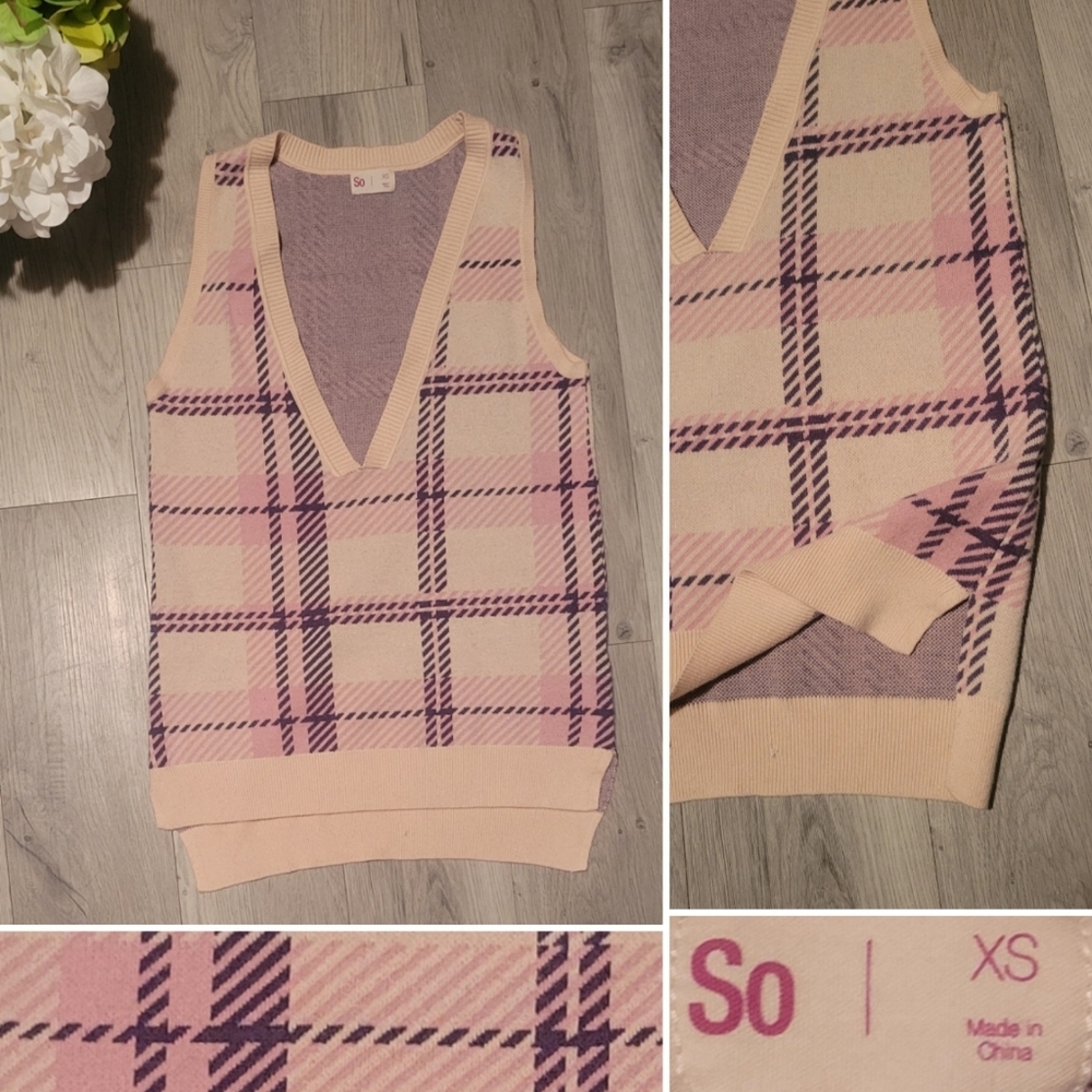 SO Oversized Pink, Cream, and Purple Deep V-Neck Plaid Sweater Vest, Junior's XS